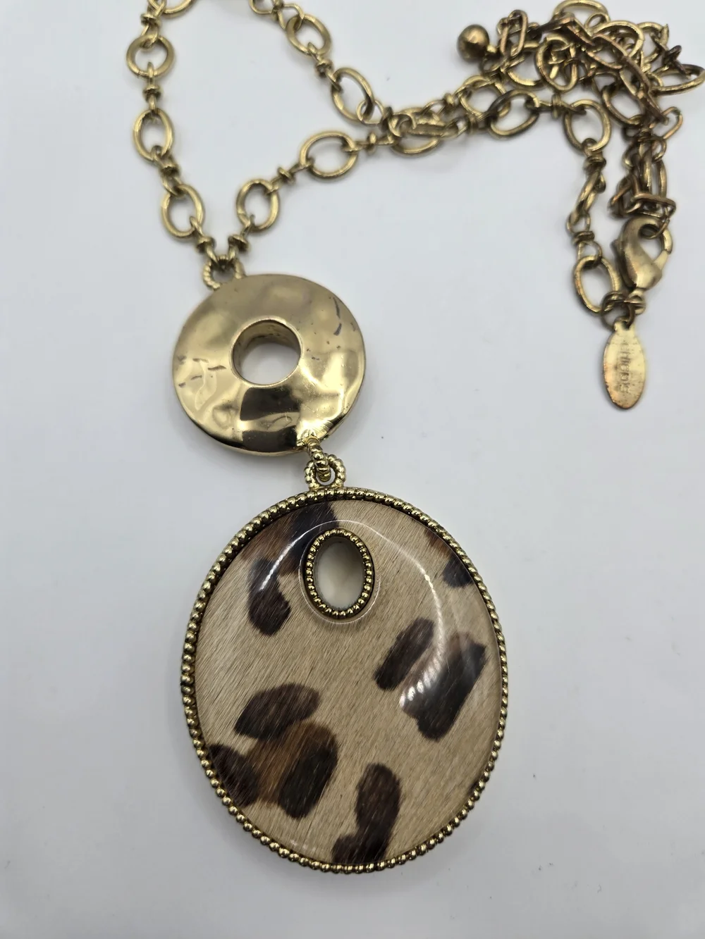 Chico's Goldtone Chain Reversible Leopard Animal Print Tiger's Eye Pendant READ*